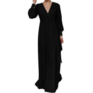 Imagem de UIFLQXX Vestido longo feminino plus size outono manga longa cor sólida decote em V vestido de noite com cinto, Preto, M