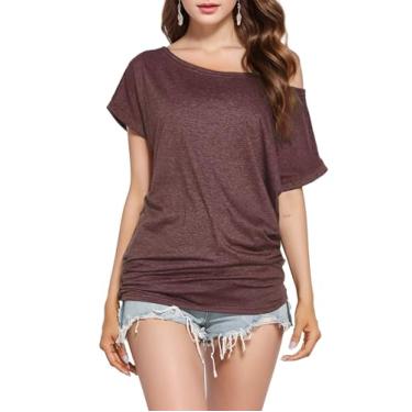 Imagem de Teepie Camisas femininas de ombro de fora casual manga curta ajuste solto um ombro tops túnica de verão tops, Cinza, roxo, XXG