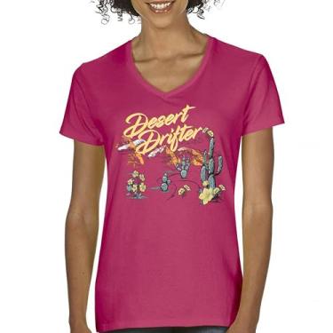 Imagem de Camiseta feminina Desert Drifter com decote em V Vintage Boho Desert Vibe Retro Southwest Bohemian Cactus Art American Travel Tee, Rosa choque, P