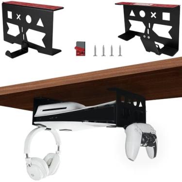 Imagem de Chanvoo Suporte sob a mesa de alumínio para PS5/PS5 Slim/PS5 Pro digital e disco, suporte sob a mesa com controle removível e kit de suporte de fone de ouvido sem furadeira (preto)