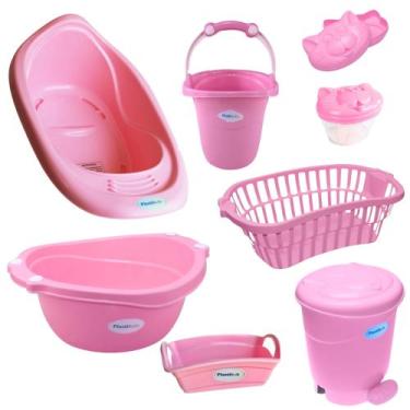 Imagem de Kit banho bebe 8 peças banheira balde bacia lixeira organizador cesto 