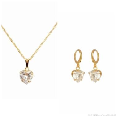 Imagem de Conjunto Colar + Brinco Pedra Zirconia Cristal Original Folheado Ouro 