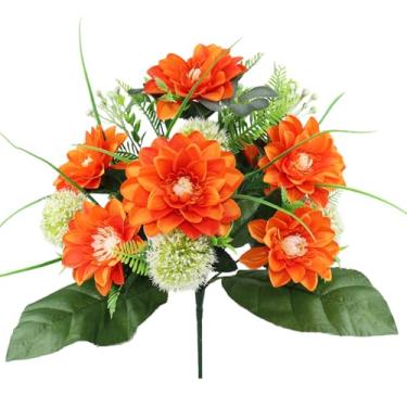 Imagem de CUQRY Flores de cemitério - 18 peças de buquê de dália artificial de seda laranja bifurcada para lápides, vaso de túmulo, decoração de túmulos