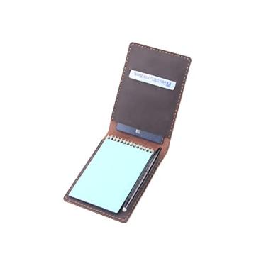 Imagem de Fasjosma Capa de couro para caderno espiral superior de 8,88 cm x 5,5 cm, capa de caderno de couro feita à mão compatível com o tamanho mini Rocketbook Porta-blocos de notas com porta-cartões de visita - Café