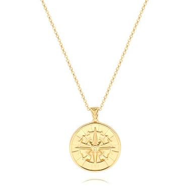 Imagem de CANEVINKA Colar feminino com pingente de moeda de ouro 18K com bússola delicada e girassol, corrente personalizada, joia em camadas, Banhado a ouro, Arenito