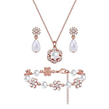 Imagem de Conjunto de joias de dama de honra para mulheres e meninas, pingente de flor banhado a ouro 18 K, prata e ouro rosa, com colar de pérolas, brincos, presente de dama de honra para casamento e pedido de casamento, festa e formatura, Zinco Vidro Pérola sintética, Pérola sintética