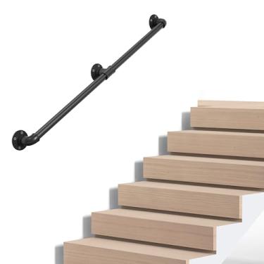 Imagem de Corrimão de escada de tubo industrial, trilho de metal montado na parede para degraus internos e externos, ferro galvanizado preto, estilo fazenda vintage, suporte resistente para escadas e varanda