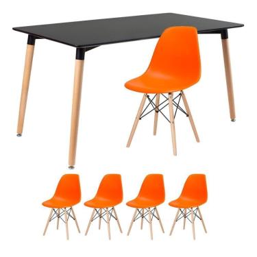 Imagem de Kit - Mesa Retangular Eames 80 X 140 Cm + 4 Cadeiras Dsw Mesa Preto Com Cadeiras Laranja Mesa Preto Com Cadeiras Laranja
