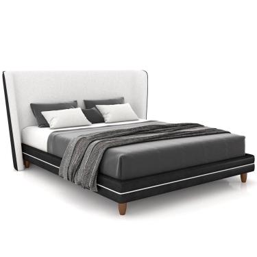 Imagem de Cabeceira Casal Nilo 160cm Com Cama Pés Madeira Suném P05 Couríssimo Preto Bouclê Cru - Lyam Decor