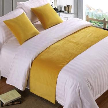 Imagem de Cachecol de corredor de cama de hotel luxuoso veludo cor sólida decoração moderna mantas de cama para pé da cama quarto protetor de cama sem desbotamento toalha de cama - amarelo||Queen 50 x 239,8 cm