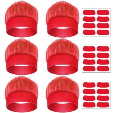 Imagem de 6 Pcs Hairy Costume Headband Crazy Trolls Flowy Hair Wig & Stickers, Halloween Spirit Day Themed Party Costume Accessory Sports Fans Cheering Headwear Supplies (Red)