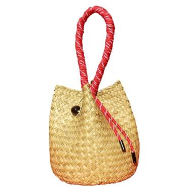 Imagem de Bolsa clutch de vime para mulheres 2025 moderna bolsa de mão macia bolsa de praia para noite carteira de bambu bolsa balde festa formatura, Bege-vermelho, One Size
