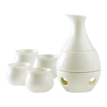 Imagem de Bothyi Conjunto de copos de saquê de cerâmica com aquecedor de garrafa de saquê, utensílios para bebidas multifuncionais, 4 copos de cerâmica tradicionais