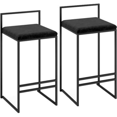 Imagem de Conjunto De 2 Cadeiras De Jantar Com Encosto Completo Assento De Flanela De Metal Preto Com Apoio Para Os Pés E Encosto Pub Café Sala De Jantar Cozinha Bar Balcão Banqueta, Black, 65cm(25″)