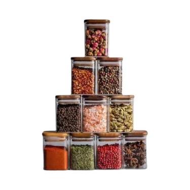 Imagem de Frascos De Vidro Quadrados Com Tampa De Madeira De Acácia, 4 Peças, Po