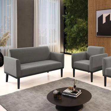 Imagem de Conjunto Poltrona E Namoradeira Decorativa Pés Fixo Em Madeira Preto Suede Grafite