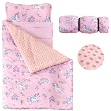 Imagem de MWMWM Tapete de cochilo infantil de unicórnio, saco de dormir infantil com travesseiro removível e cobertor para meninos e meninas, tapete de cochilo infantil para creche, pré-escola, viagens e