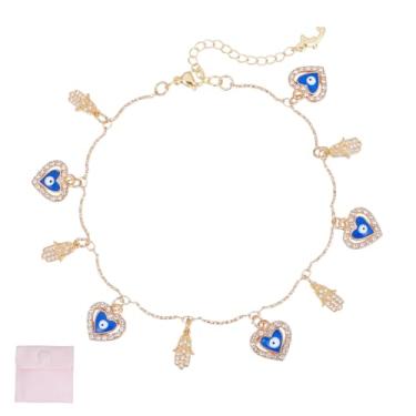 Imagem de DELORIGIN Tornozeleiras com pingente de olho turco, proteção da sorte, pulseiras de tornozelo douradas delicadas mão hamsa olhos azuis pingentes de coração à prova d'água corrente ajustável