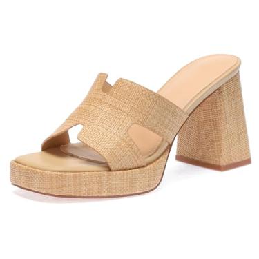 Imagem de Salto plataforma ráfia para mulheres – chinelos de tecido de bico aberto com bloco grosso, sandálias elegantes de palha natural de verão, sandálias elegantes de férias, salto confortável, nº 21