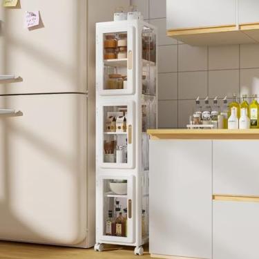 Imagem de Armário de armazenamento estreito alto de 3 camadas, armário de armazenamento de banheiro estreito com portas transparentes e rodas móveis, adequado para espaços pequenos, banheiros, cozinhas
