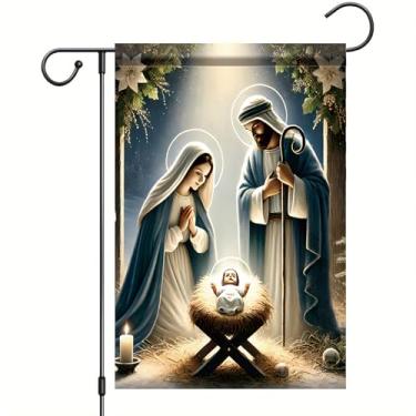 Imagem de Saoplasa Bandeira de jardim de Natal Presépio Jesus Nascimento Sagrada Família 30,5 x 45,7 cm Faixa dupla face para jardim externo para decorações religiosas de férias espirituais inverno Natal