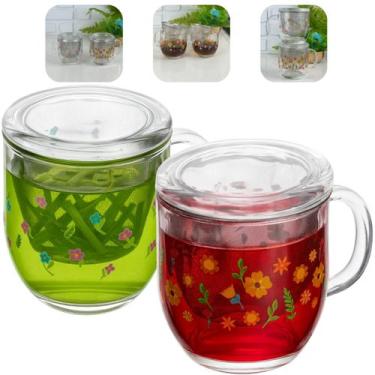 Imagem de Conjunto 2 Canecas De Chá Com Infusor e Tampa 330ml Vidro Jardim Rosas
