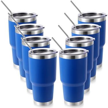 Imagem de Volhoply Copo térmico de 900 ml com tampa e canudo pacote com 8, canecas de café de viagem de parede dupla para bebidas quentes/frias, cabe em porta-copos de carro, sem BPA (azul, 8