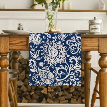 Imagem de Caminho de mesa floral azul paisley, decoração de mesa de jantar de cozinha de primavera sazonal para decoração de festa em casa 33 x 182 cm