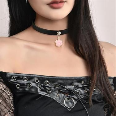 Imagem de Colar gargantilha de couro preto com pingente de pata de gato rosa para mulheres, corrente de elos ajustáveis, punk gótico em forma de pata, Small, Couro, Sem Pedra Preciosa