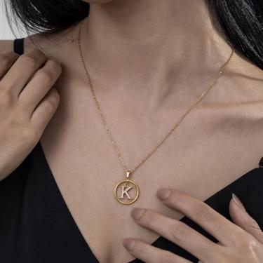 Imagem de Colar de strass com inicial A-Z - Joias delicadas com pingente circular com corrente ajustável, colar de alfabeto personalizado para mulheres,, F, Aço inoxidável, Sem Pedra Preciosa