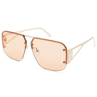 Imagem de Óculos de sol aviador feminino masculino moderno armação sem aro retrô quadrado grande metal, Champanhe C1, 60MM