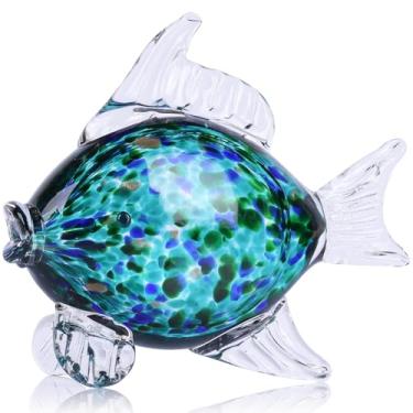Imagem de LCCCK Estatuetas grandes de peixe de vidro soprado à mão, arte de vidro do mar de aquário, escultura de estátua de peixe com destaque costeiro moderno - para bugigangas de praia, mesas de café, centro