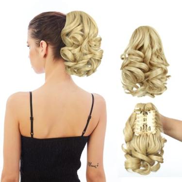 Imagem de HEWEICSY Extensão de rabo de cavalo, rabo de cavalo com clipe para mulheres, clipe de garra de 23 cm em extensão de cabelo de pônei ondulado curto encaracolado para mulheres - Loiro claro e mel