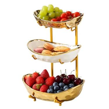 Imagem de Tigela de frutas de 3 camadas para balcão de cozinha, cesta de frutas de cerâmica com suporte de metal, bandeja de servir para lanches, nozes, bolos, sobremesas, pão, armazenamento de doces para festa