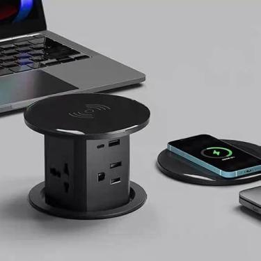 Imagem de Tomada Pop Up Painel de Energia Oculto Automático com Levantamento a Damping Hidráulico Carregador Sem Fio 15W 4 Tomadas CA 2 1A USB eEstações Carregamento PD 20W Type-C para Balcão Cozinha Mesa Confe