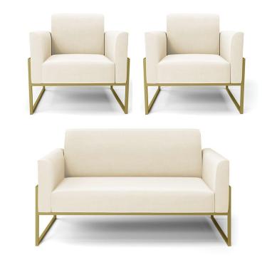 Imagem de Sofá Namoradeira Com 2 Poltronas Base Industrial Alta Dourado Marisa Veludo D03 - D\'rossi Cor Bege
