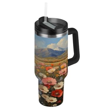 Imagem de ATTX Copo vintage de pintura a óleo de flores silvestres de 1,134 g com alça, copo de aço inoxidável a vácuo de parede dupla com palha, caneca de café de viagem isolada #830