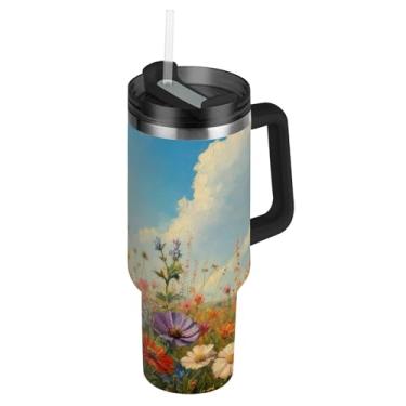 Imagem de Blueangle Copo de pintura a óleo de flores silvestres de 1,134 g com alça e tampa de palha, caneca de viagem de aço inoxidável com isolamento a vácuo de parede dupla, garrafa de água reutilizável para