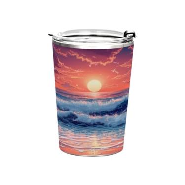 Imagem de Blueangle Copo de 340 g com tampa e canudo, copo de café com água isolada a vácuo de aço inoxidável, caneca de viagem de ondas de praia, copo térmico para bebidas quentes e frias (789)