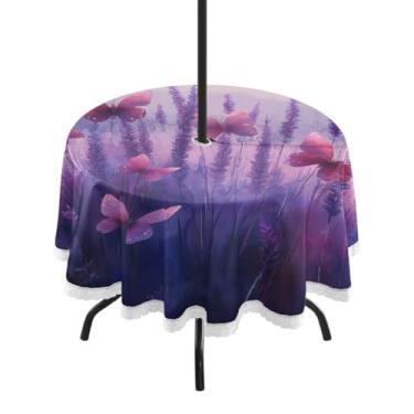 Imagem de ATTX Toalha de mesa redonda lavanda campo com borboletas ao ar livre – 152 cm, à prova d'água, uso interno/externo, com orifício para guarda-chuva com zíper para acampamento, piquenique, praia, festa