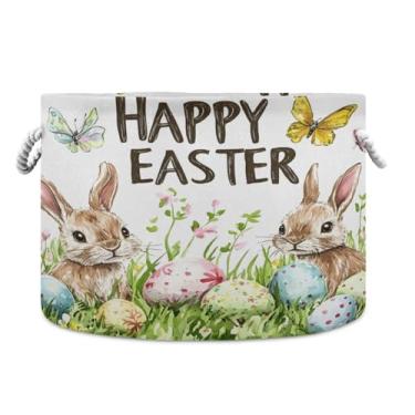 Imagem de Blueangle Cesta de armazenamento de coelhinho da Páscoa de 50,8 cm P x 35,5 cm A - cesto de roupa extra grande dobrável, organizador de brinquedos redondo e armazenamento doméstico à prova d'água para