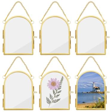 Imagem de OLYCRAFT 6 porta-retratos para pendurar na parede, 8,5 x 7 cm, moldura de vidro duplo com corrente de arco, moldura de latão, faça você mesmo, molduras de exibição de arte vintage para fotos de flores
