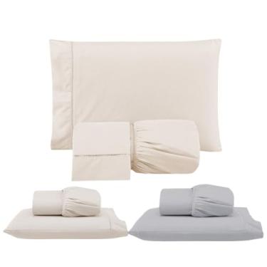 Imagem de Kit 3 Jogos de Lençol com Elástico e Fronhas Bordadas em Ponto Palito, 1 Casal King e 2 Solteiros, Micropercal 300 Fios 100% Poliéster (CKS Versat(Palha/Palha/Cinza))