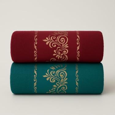 Imagem de Jogo de Toalha de Banho Conjunto de Duas PeçAs 100% AlgodãO Puro Excelente AbsorçãO de áGua Adequado para uso No Banheiro em Viagens Na NataçãO ou Na Academia(Kit 2Toalhas-Bordô&Verde)