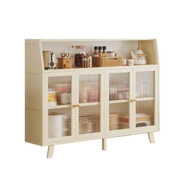 Imagem de hezhuhe2258 Aparador de sala de jantar de vidro estilo retrô para cozinha e sala de estar montado na parede com compartimentos de armazenamento quatro portas