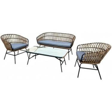 Imagem de Conjunto de Área Externa Ratan Portofino 4 Peças | 1 Sofá, 2 Poltronas e 1 Mesa de Centro | Fibra Sintética Resistente a Sol e Chuva | Decoração Varanda, Jardim e Piscina