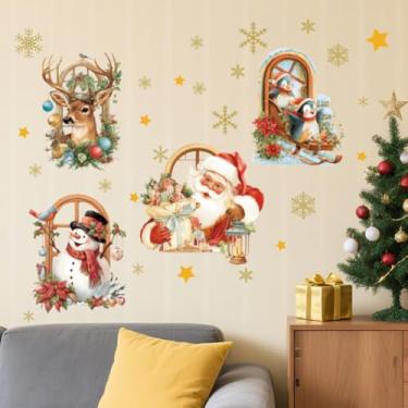 Imagem de PLIGREAT Adesivos de parede de janela de Natal 3D 3D boneco de neve Papai Noel rena quebrando a janela decalques de parede removíveis inverno natal adesivos grandes para festa de Natal, berçário, sala