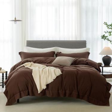 Imagem de ELIMMO Conjunto de capa de edredom queen refrescante com 3 peças - 100% algodão lavado com design chique de acabamento amplo e texturizado de linho ultramacio e confortável com fecho de zíper (bainha