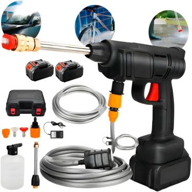 Imagem de Pistola Lava Jato Portátil Recarregável com 8 Peças - Lavadora Pressão Sem Fio para Carro Casa Jardim Aspirador Água Pulverizador Alta Pressão Preta
