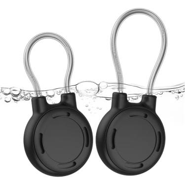 Imagem de ILFINDYOU (Pacote com 2) Porta-chaves Air Tag, porta-etiquetas à prova d'água, trava rosqueada e cabo de aço, estojo rastreador para chaves, crianças, bagagem, animais de estimação, capa preta